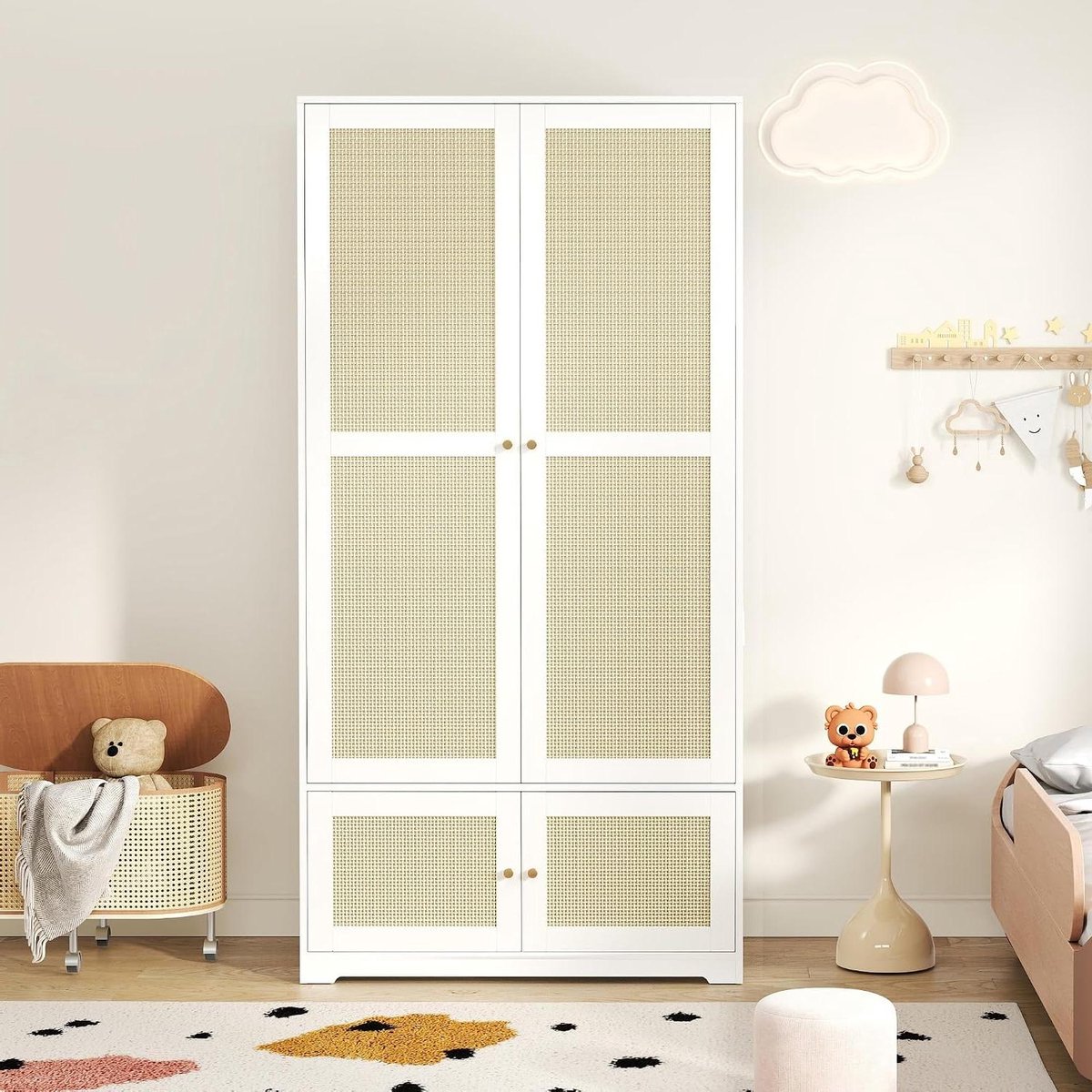 Rotan Kledingkast - Kast met Rotan Deuren - Kleding Opbergen - Ademende Deuren - 90x48x180 cm - Wit