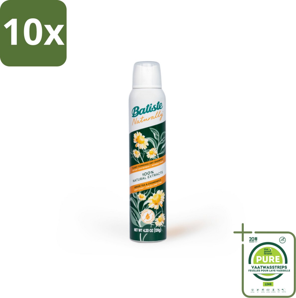 10 x Batiste - Naturally Green Tea & Chamomile - Droogshampoo - 100% Natuurlijke Extracten - Verfrist en Zuivert - 200ml - Grootverpakking - Droogshampoo - Haarverzorging - Natuurlijke Shampoo - Groene Thee - Kamille
