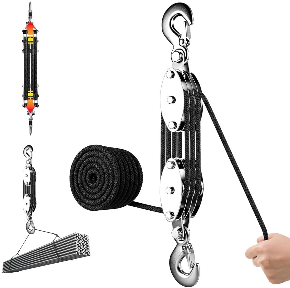 Zware 4-gang katrol met touwrem, 300 kg max, 8:1 katrolsysteem met 20 m nylon, 270° draaibare katrol voor jachten en garages, ideaal voor hijs- en takelwerk