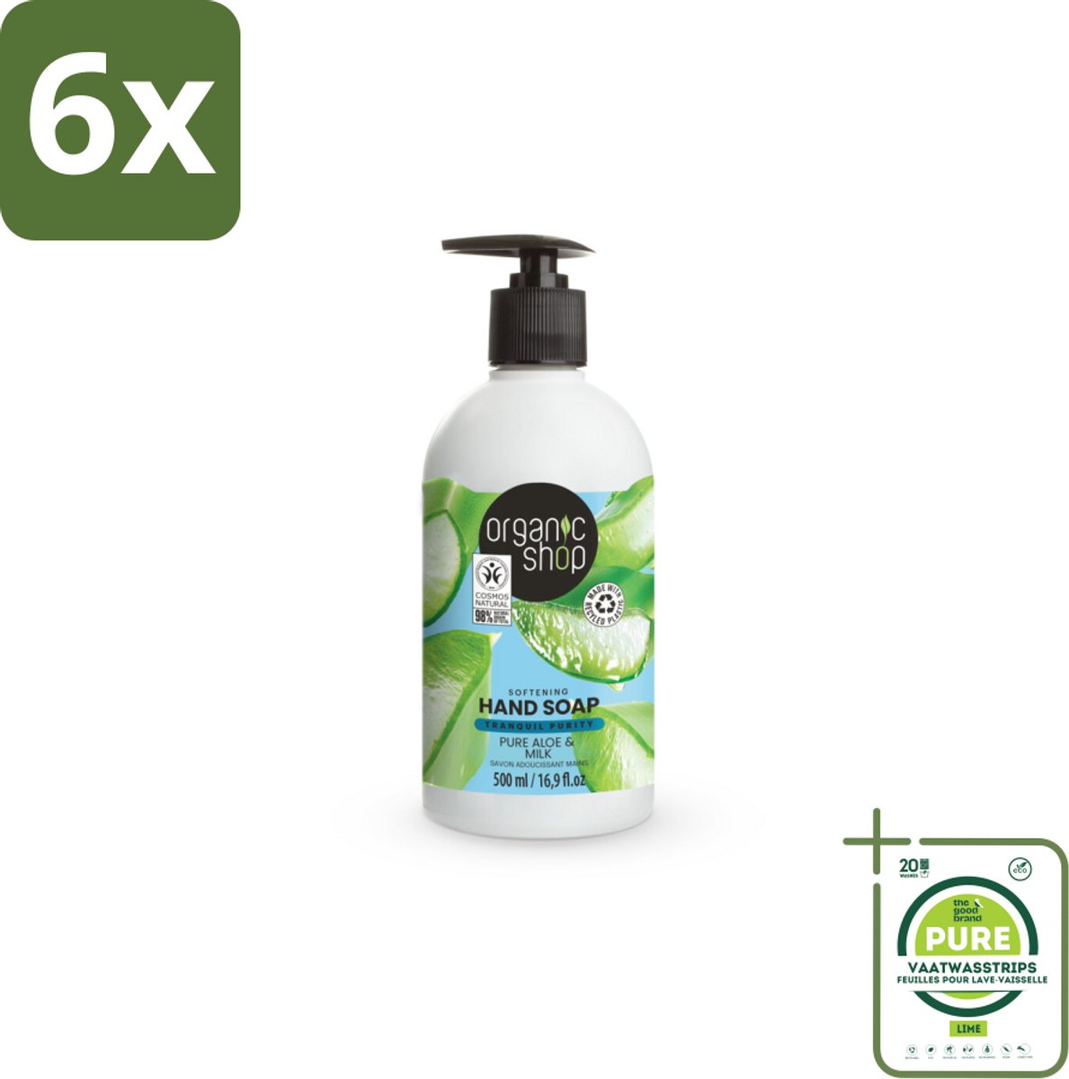 Organic Shop - Handzeep Aloe & Milk - Verzachtend en Hydraterend - 500 ml - Voordeelverpakking - 6 stuks - Biologische handzeep - Aloë vera handzeep