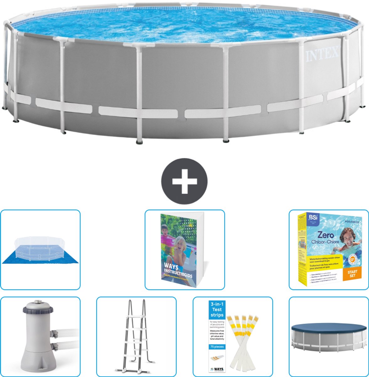 Intex Rond Prism Frame Zwembad - 457 x 122 cm - Grijs - Inclusief Pomp - Ladder - Grondzeil - Afdekzeil - Onderhoudspakket - 8-delig