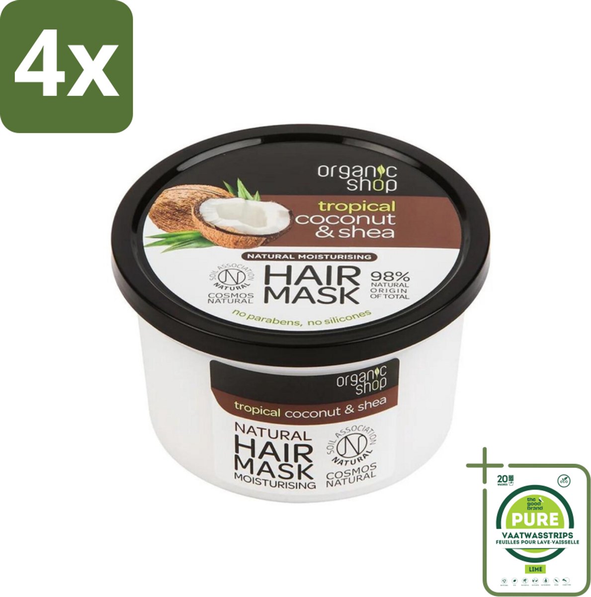 Organic Shop - Haarmasker Coconut & Shea - Verzorgend en Voedend - 250 ml - Voordeelverpakking - 4 stuks - Haar masker - Kokosnoot