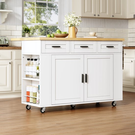 MIVRAY Keuken Eilandwagen Met Klapbaar Werkblad En Veel Opbergruimte Voor Keuken En Eetruimte MDF Natural White 120x70x84 Cm van Borvat — afbeelding 3