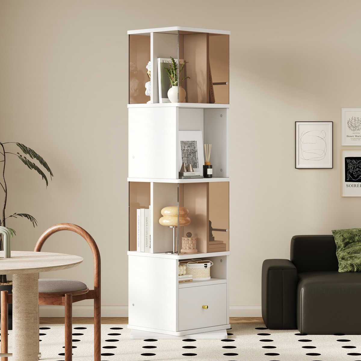 MIVRAY Vitrinekast - 360 Graden Draaibare Glasvitrine Met Lade En Ledverlichting - Voor Woonkamer En Werkkamer - Hout - Wit Bruin - 50 X 50 X 160 Cm