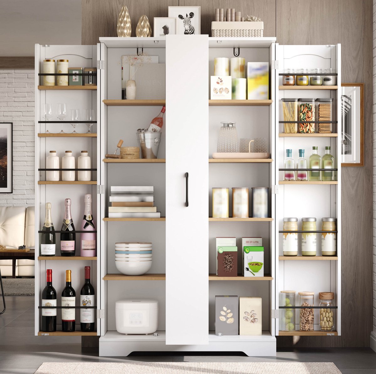 MIVRAY Keukenkast - Ruime Dubbeldeurkast Met Kruidenrek En Vierlaags Verticale Uittrek - Voor Keuken En Eetkamer - MDF - Wit - 150 x 78 x 40 cm