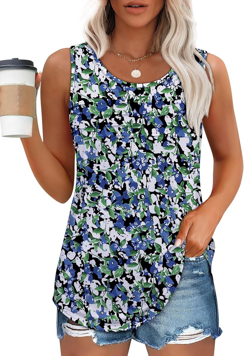Tanktop dames plooien ronde hals bovenstuk mouwloos lange tuniek zomer casual elegant