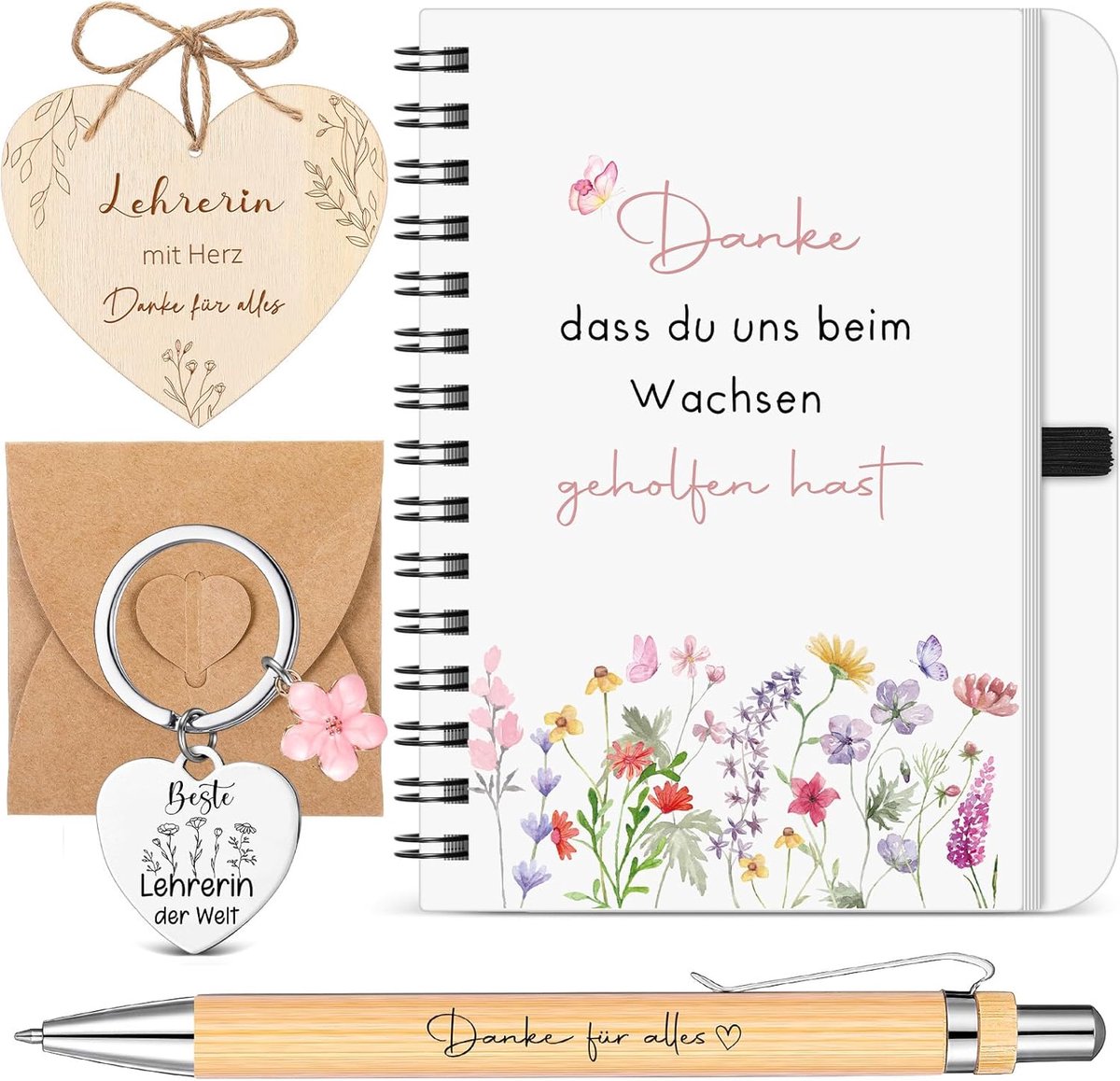 Dankgeschenk voor leraren, spiraalvormig notitieboek + harthouten