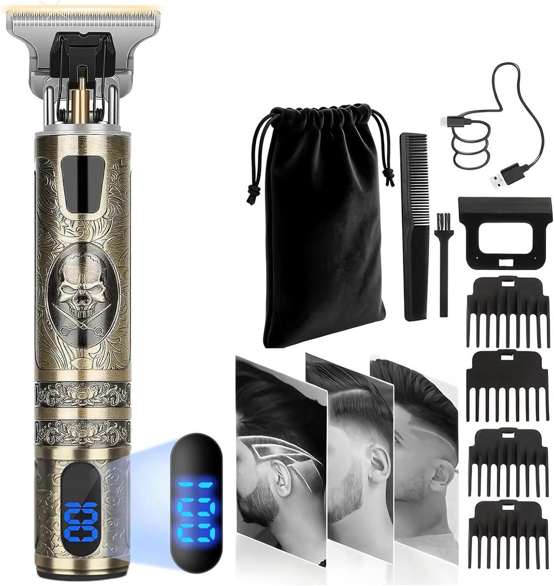 Tondeuse, tondeuse voor mannen, professionele baardtrimmer met led-display, 4 opzetstukken (1,5-4 mm), waterdicht, draadloos voor nauwkeurige contouren en scheerbeurt (Kulou)