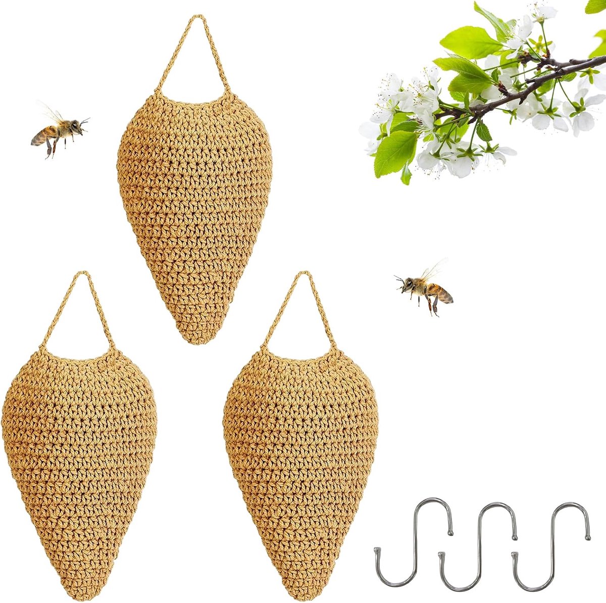 katoenen wespennest imitatie, 3 stuks duurzame hornetsnest imitatie voor terras, dakrand, tuin, decoratieve artikelen, voorkoming van wespennestbouw (20x36cm, kaki)