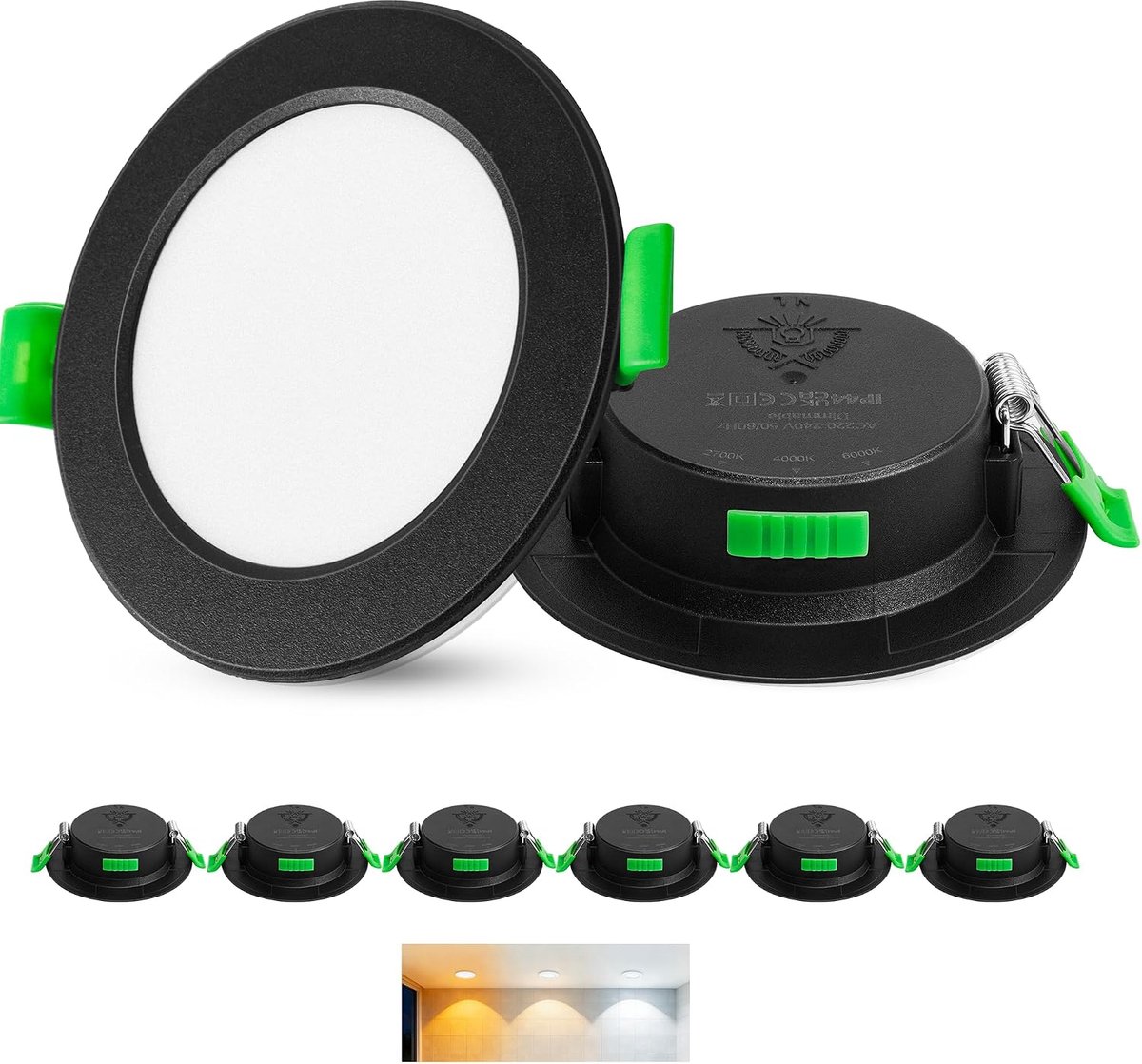 Set van 6 Zwarte Inbouw LED Spotlights 230V - Extra Platte Plafondspots IP44 - Ø 75-90 mm, 6W, 600lm, 2700K/4000K/6000K, LED Verlichting voor Badkamer, Woonkamer en Keuken NAW