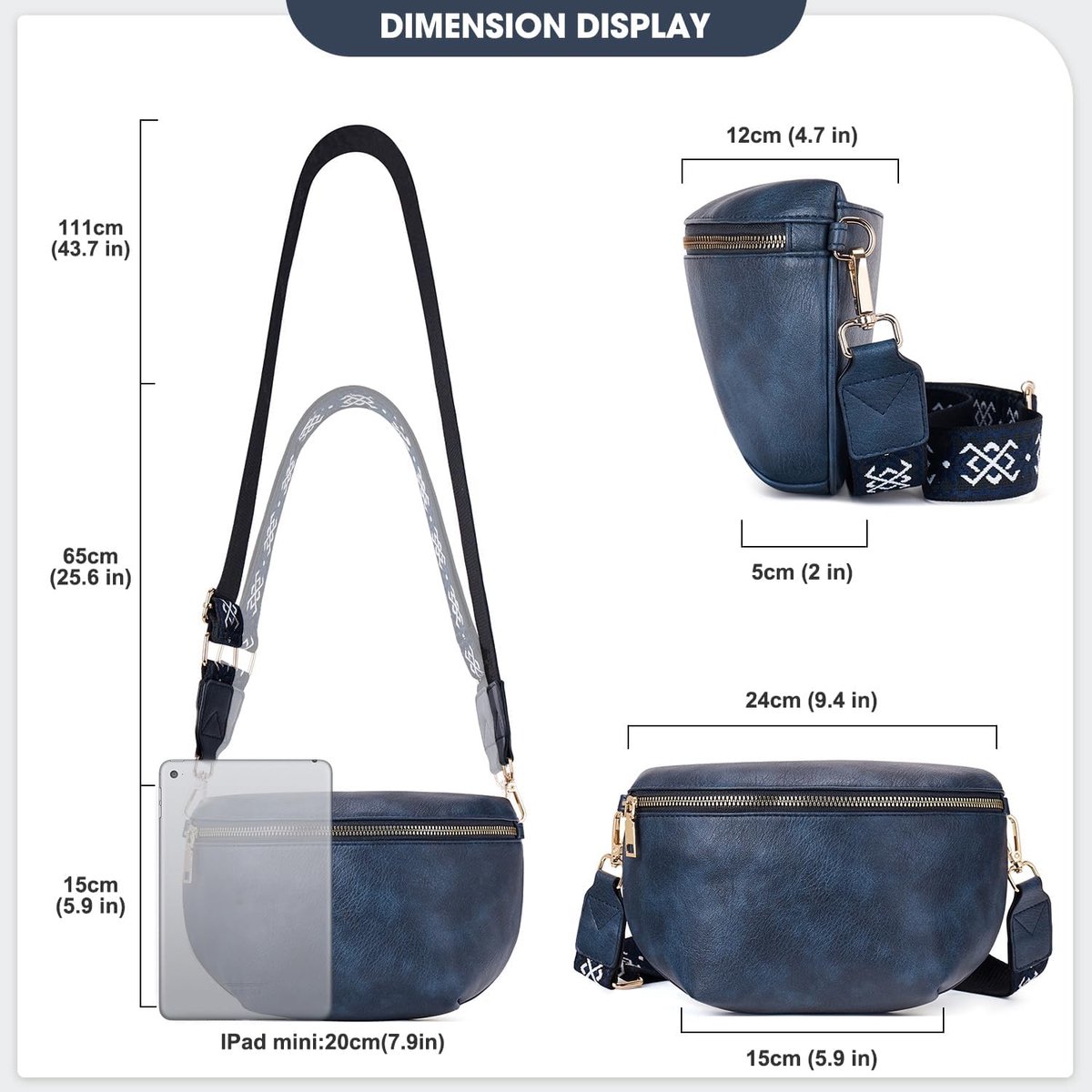 Schoudertas voor dames, veganistisch leer, crossbody schoudertas, brede riem, avondtas met drie vakken met ritssluiting, handtas met kaartsleuf, verstelbare afneembare schouderriem