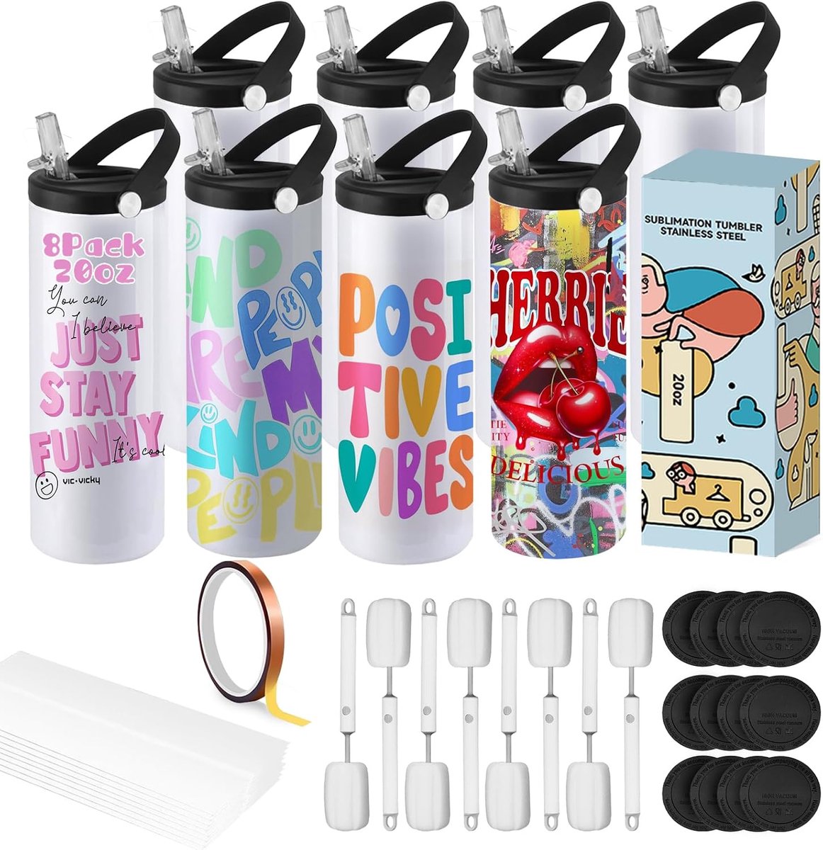 SnelShoppen - 8 Pack Sublimatie Tumblers 20 oz RVS Bekers voor Warmtepers, Ideaal voor Sport, Wandelen en Dagelijks Gebruik (Wit)