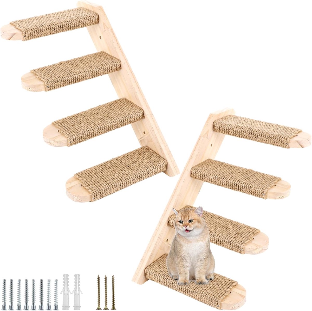 2 stuks klimwand, kattentrap, muur, 8 treden, kattenladder met jute touw, kat voor katten, klimmen, spelen, 20 kg