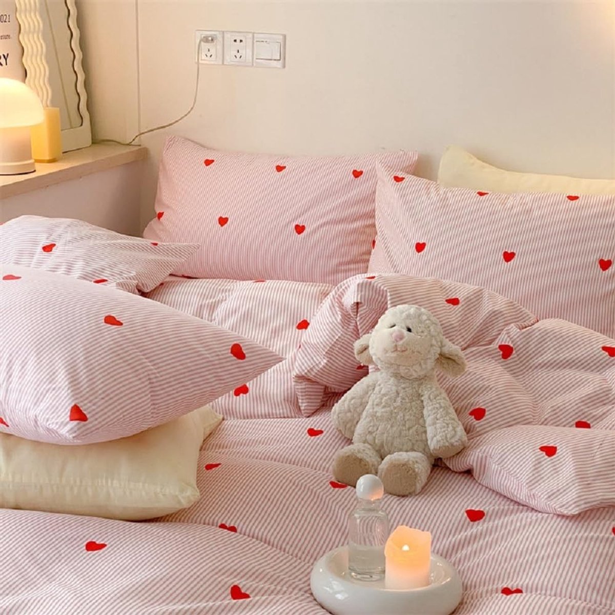 Kinderbedlinnen Set 200 x 200 cm met Roze Hartjespatroon, Microvezel Dekbedovertrek met Rits en 2 Kussenslopen 80 x 80 cm, Oeko-Tex Goedgekeurd en Comfortabel voor Meisjes