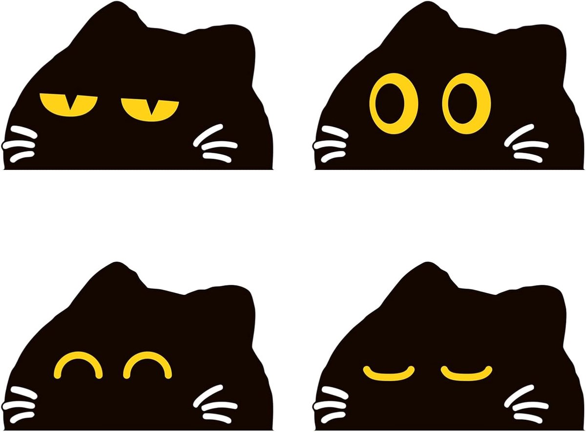 Set van 4 zwarte kattenemoji's, groot, grappige kattenstickers voor