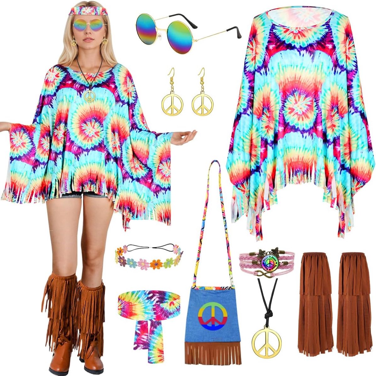 Hippiekostuum voor dames, hippiejurk voor de jaren '70, jaren '60