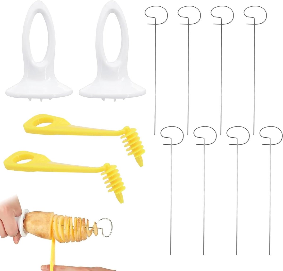 Spiraalsnijder voor aardappelen, aardappelsnijder van roestvrij staal, met 2 kunststof handgrepen en spiraalsnijder en 8 spiesen, voor aardappeltoren, barbecuefeest