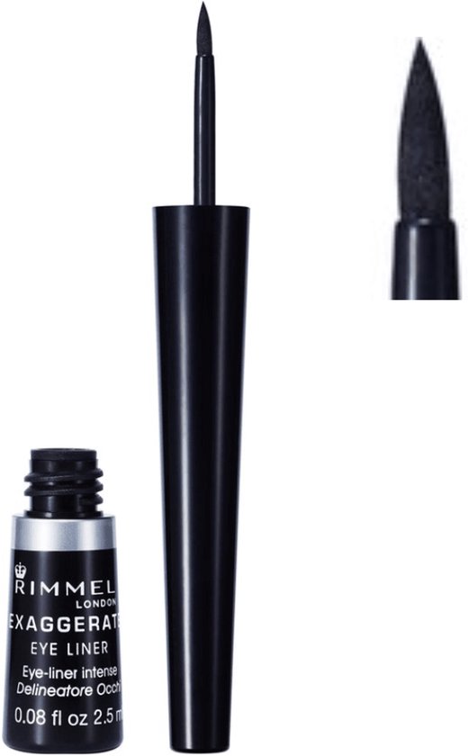 Rimmel London Exaggerate oogpotlood met een zwarte punt en applicator. Flesje met 'RIMMEL LONDON EXAGGERATE EYE LINER'.