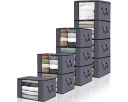 edihome, opbergbakken, (X stuks), kledingopbergzakken, garderobe-organiser, met versterkte handgrepen, heavy duty stoffen zakken met transparant venster (Donkergrijs, Pak van 10)