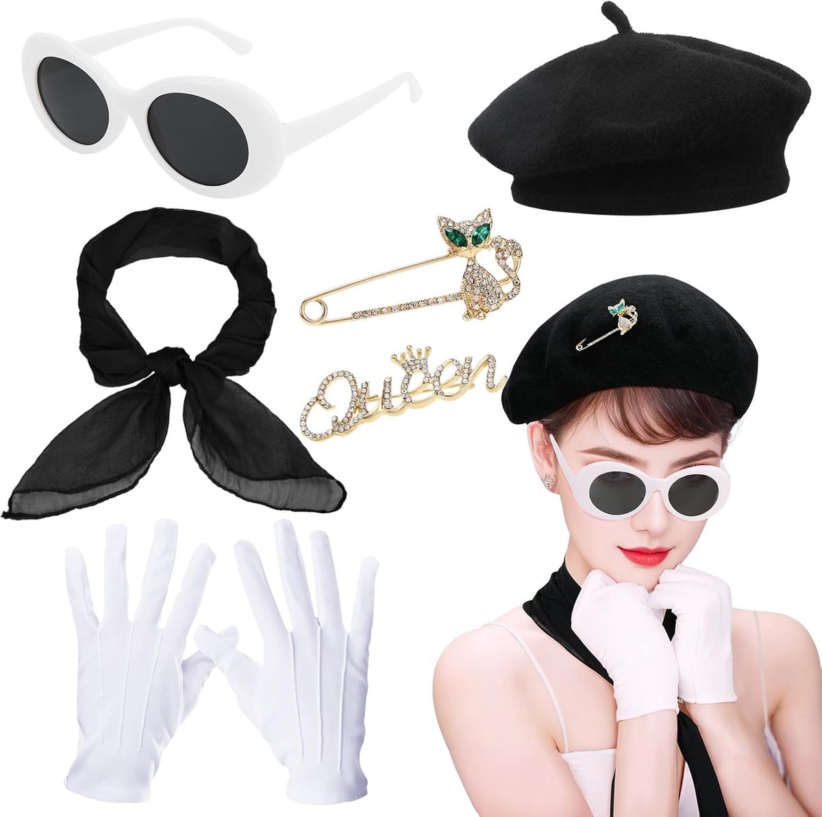 6 stuks Franse damesset - jaren 50 verkleedkleding voor vrouwen met Franse baret hoed, zonnebril, sjaal, handschoenen, oorbellen, Frans kostuumset voor vrouwen, Halloween, cosplay, carnaval,