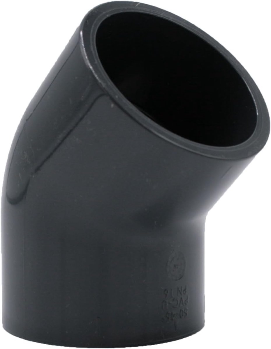 bocht 45° 32 mm PN16 - bm063 | Grijze PVC-U bocht 45° met lijmmof, PN16 drukklasse, voor zwembad, vijver, beregening, afvoer en aquariums.