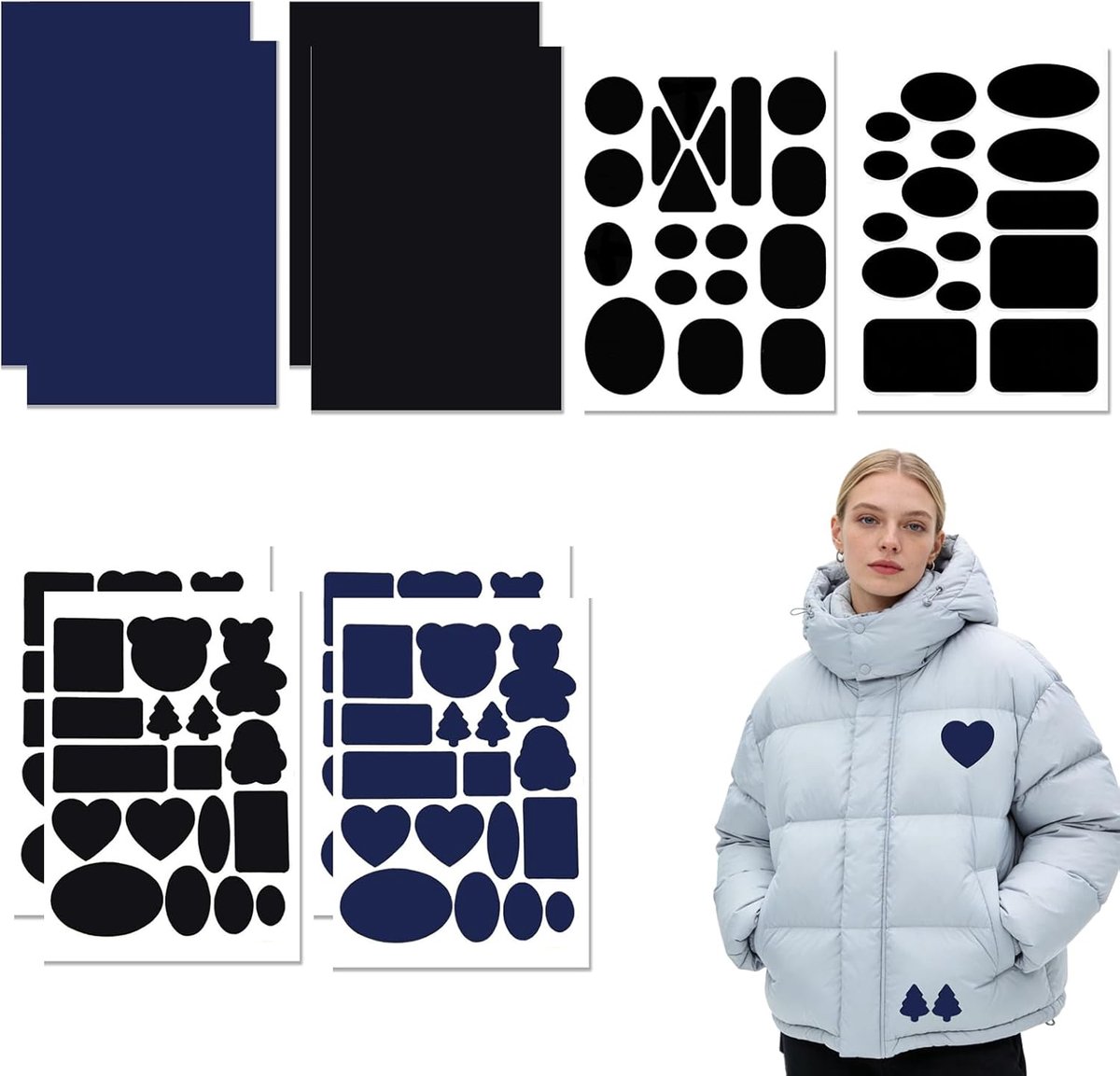 10 vellen donsjack, reparatieset, voor kleding, tent, tas, paraplu (zwart)