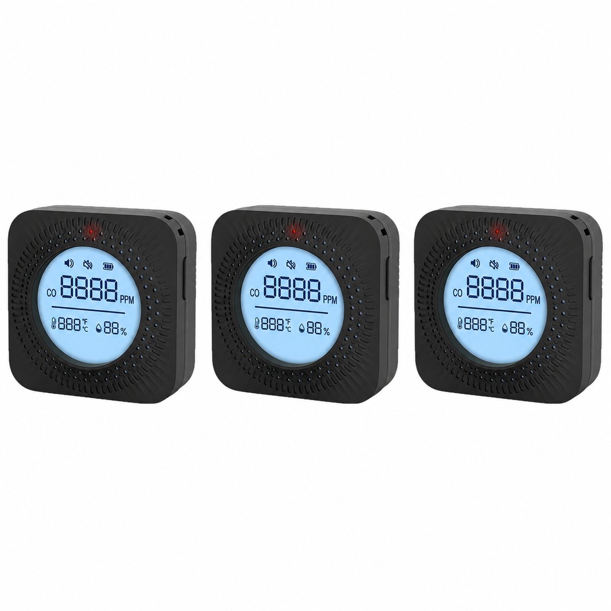 3-in-1 Koolmonoxidemelder met Temperatuur en Luchtvochtigheid - CO-Melder en Gasdetector voor Thuis - Elektrochemische Koolmonoxidedetector met Digitaal LCD-Display - Compact - 3 Stucks Luchtkwaliteitsmeter - Zwart