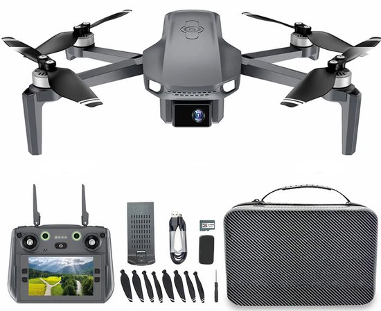 Grijze drone, FPV controller met scherm, batterij, USB oplaadkabel, 4 reservepropellers, USB-kaartlezer, SD-kaart en opbergtas.
