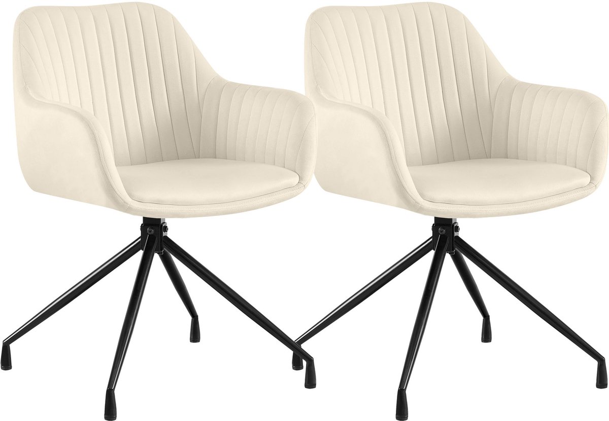 CLP Novanis Eetkamerstoelen Set van 2 - Draaibaar 180° met Terugkeerfunctie - Armleuningen - Metalen Frame Fluweel/creme