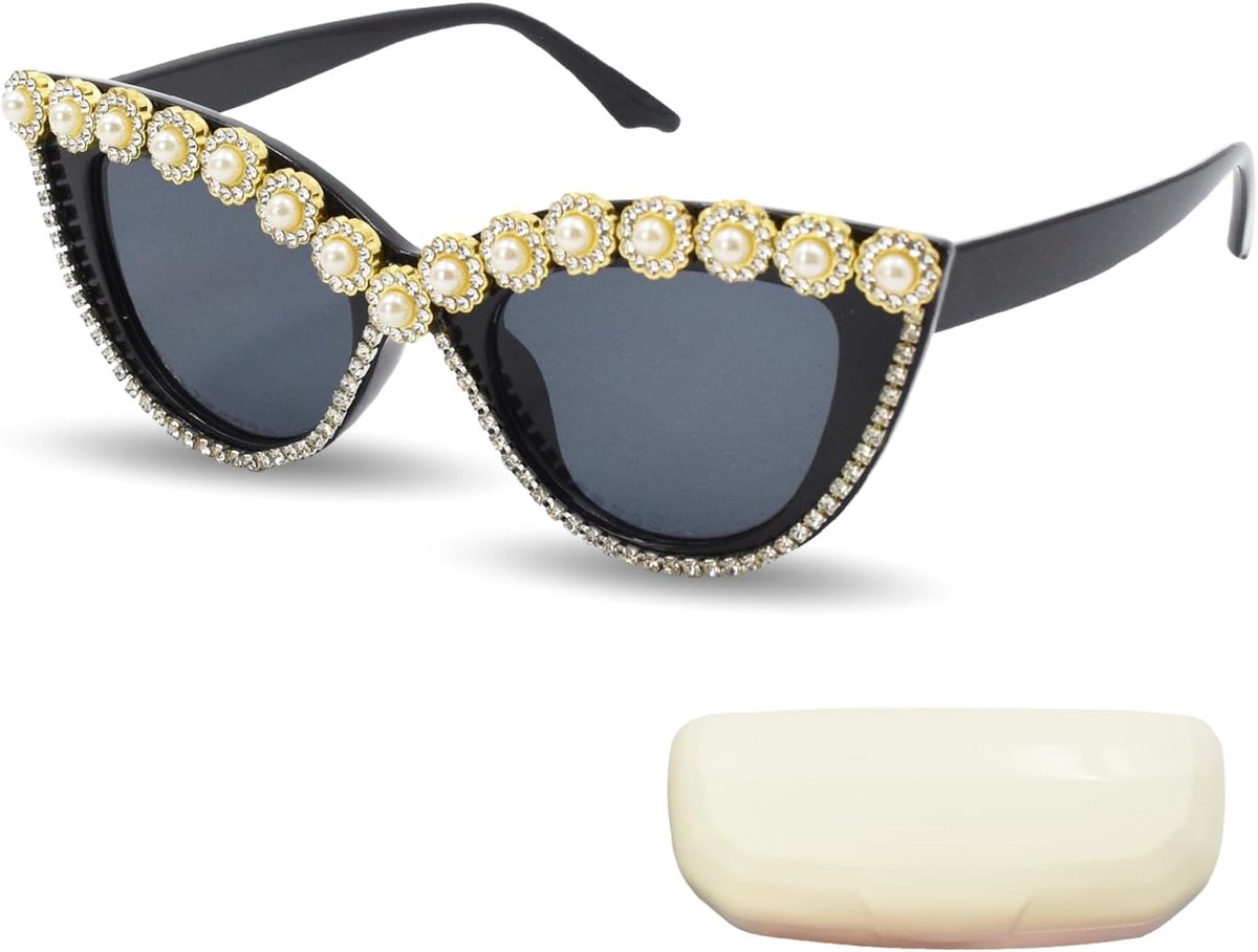 1 paar kattenoogvormige met diamanten bezette partyzonnebril. 52 mm brede glazen. Ideaal accessoire voor zomerstrandfeesten en coole foto's. Geschikt voor alle geslachten, zwart