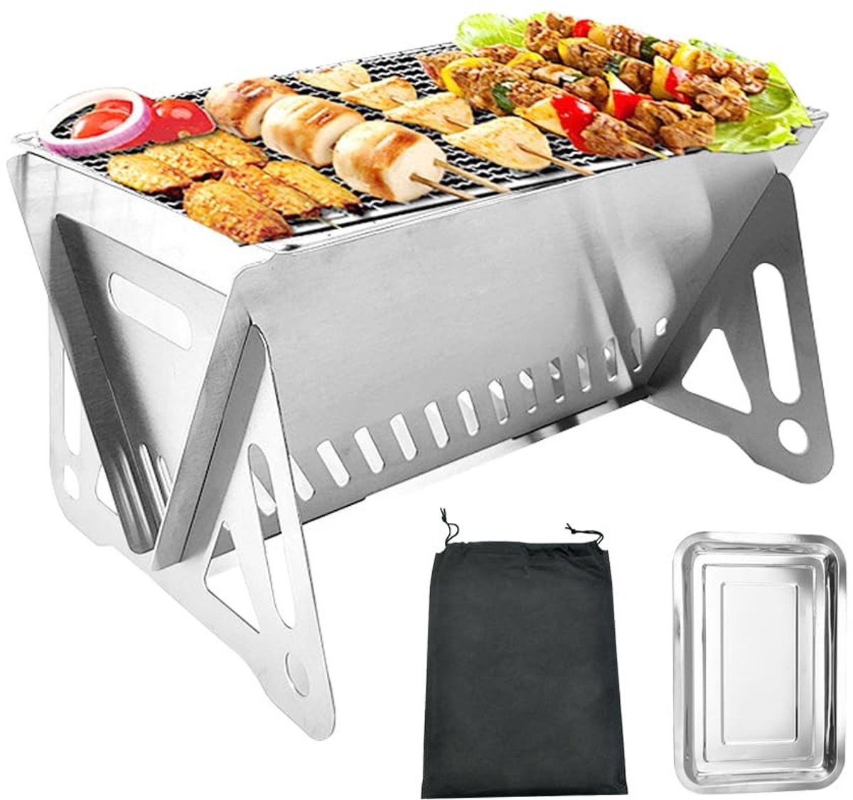 Omgoods - Mini Draagbare Houtskoolgrill van Roestvrij Staal voor Buiten