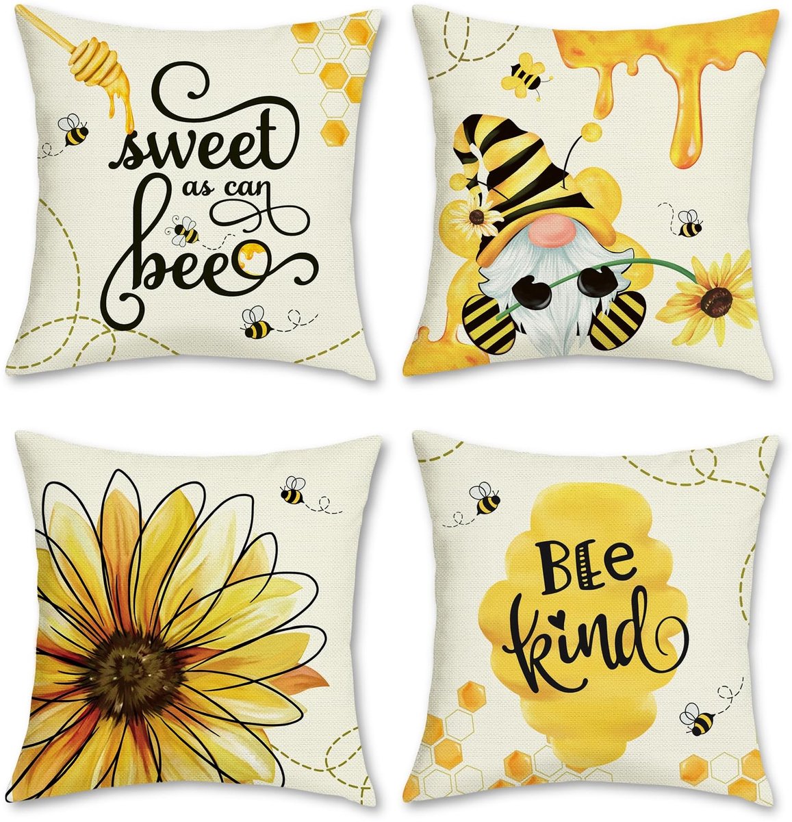 Omgoods - Set van 4 Bijen Kussenhoezen 45x45 cm - Zonnebloem en Honing Decoratief