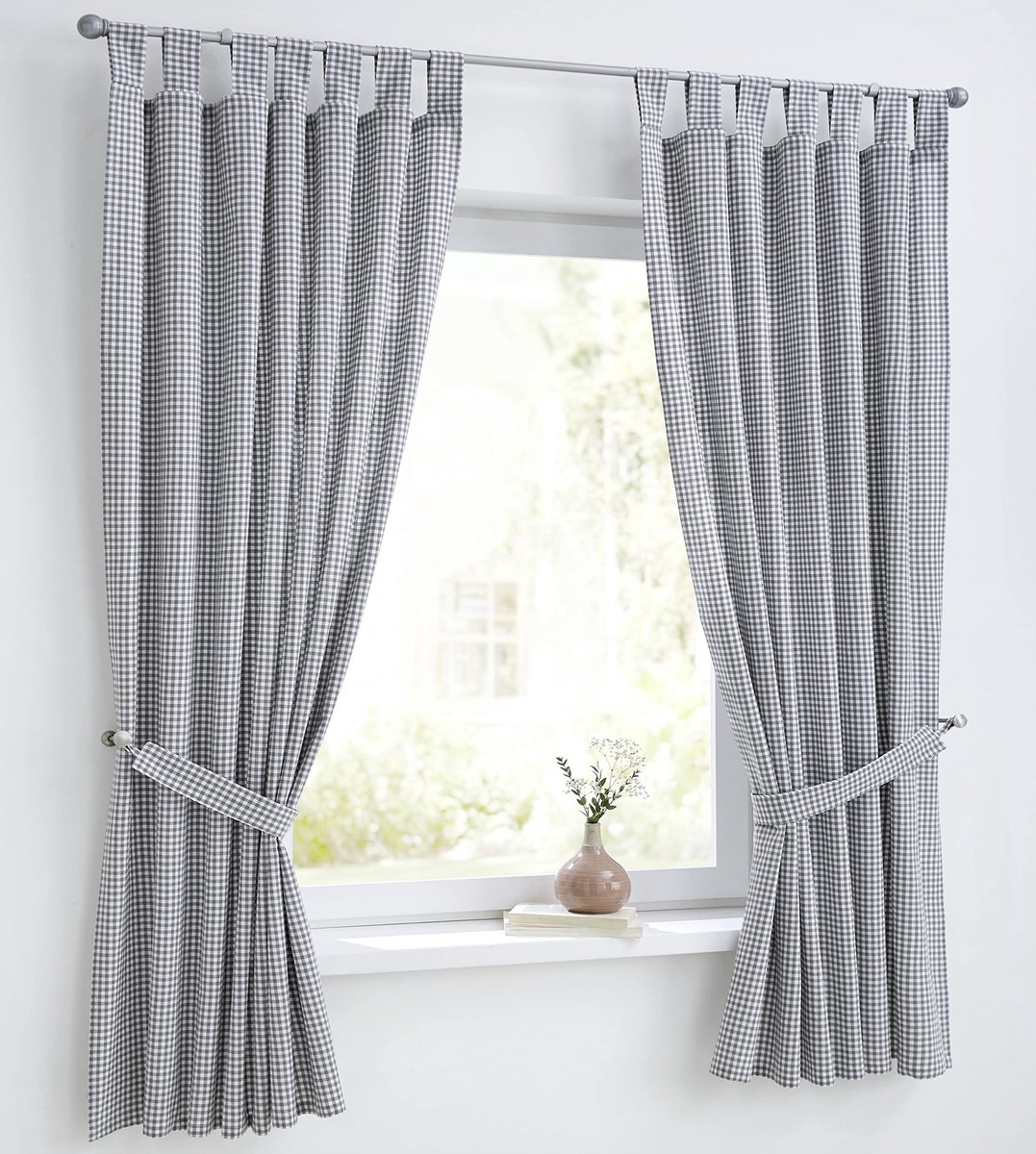 Omgoods - Cottage Gordijn met Lussen - Wit Grijs Geruit - 110x225 cm