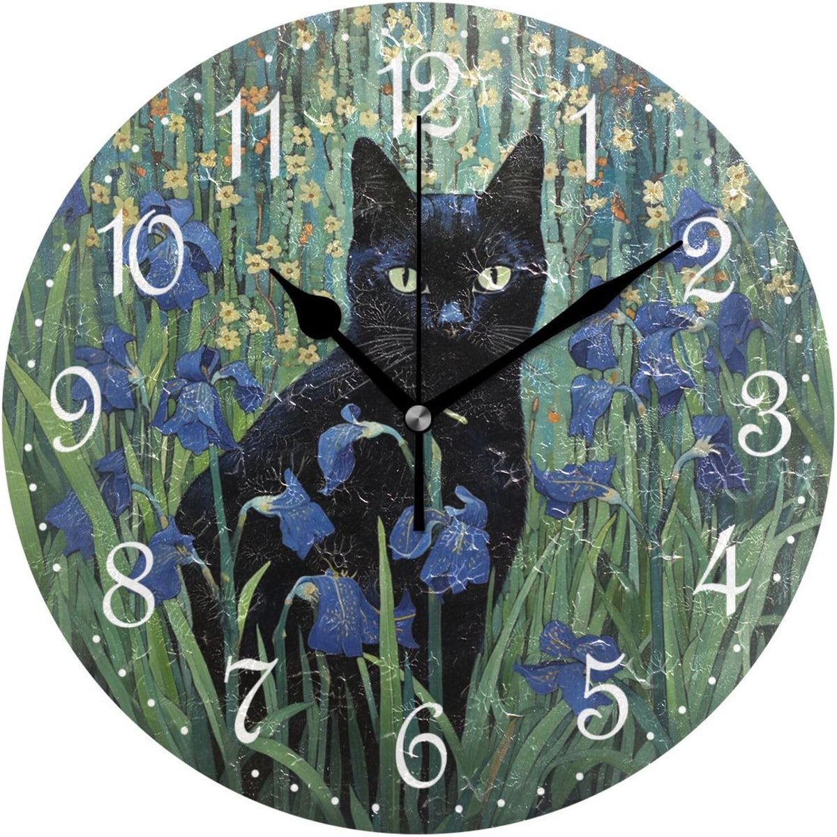 Omgoods - Wandklok Zwarte Kat met Paarse Bloem - Stille Decoratieve Klok 25x25cm