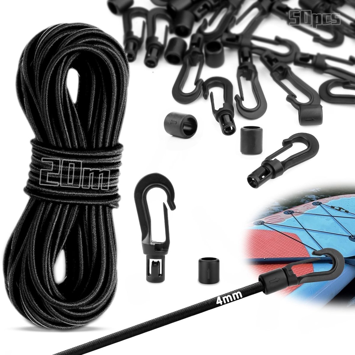 Omgoods - Elastische Touw 20 m - 4 mm met 50 Haken - Zwart Rubber voor Bungee Toepassingen
