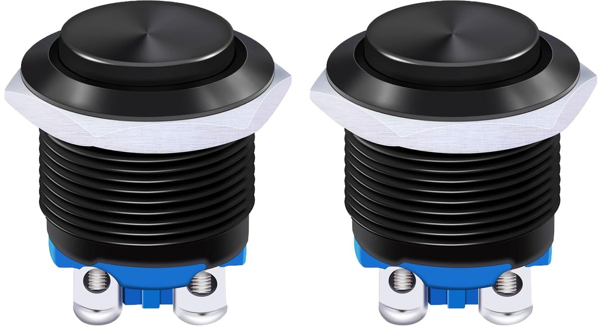 2 x 16 mm waterdichte schakelaar, 5A12V/110V /3A230V drukschakelaar, zelfborgende roestvrijstalen drukknopschakelaar 12V/230V, geschikt voor claxons, autobellen, auto's enz. (uitstekend), zwart