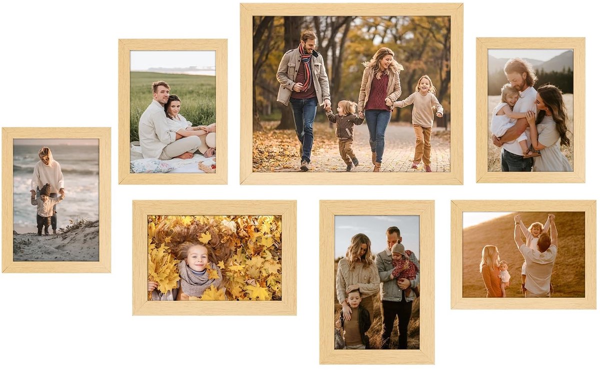 Omgoods - Set van 7 Fotolijsten in 3 Maten - Met Glas en Houten Look