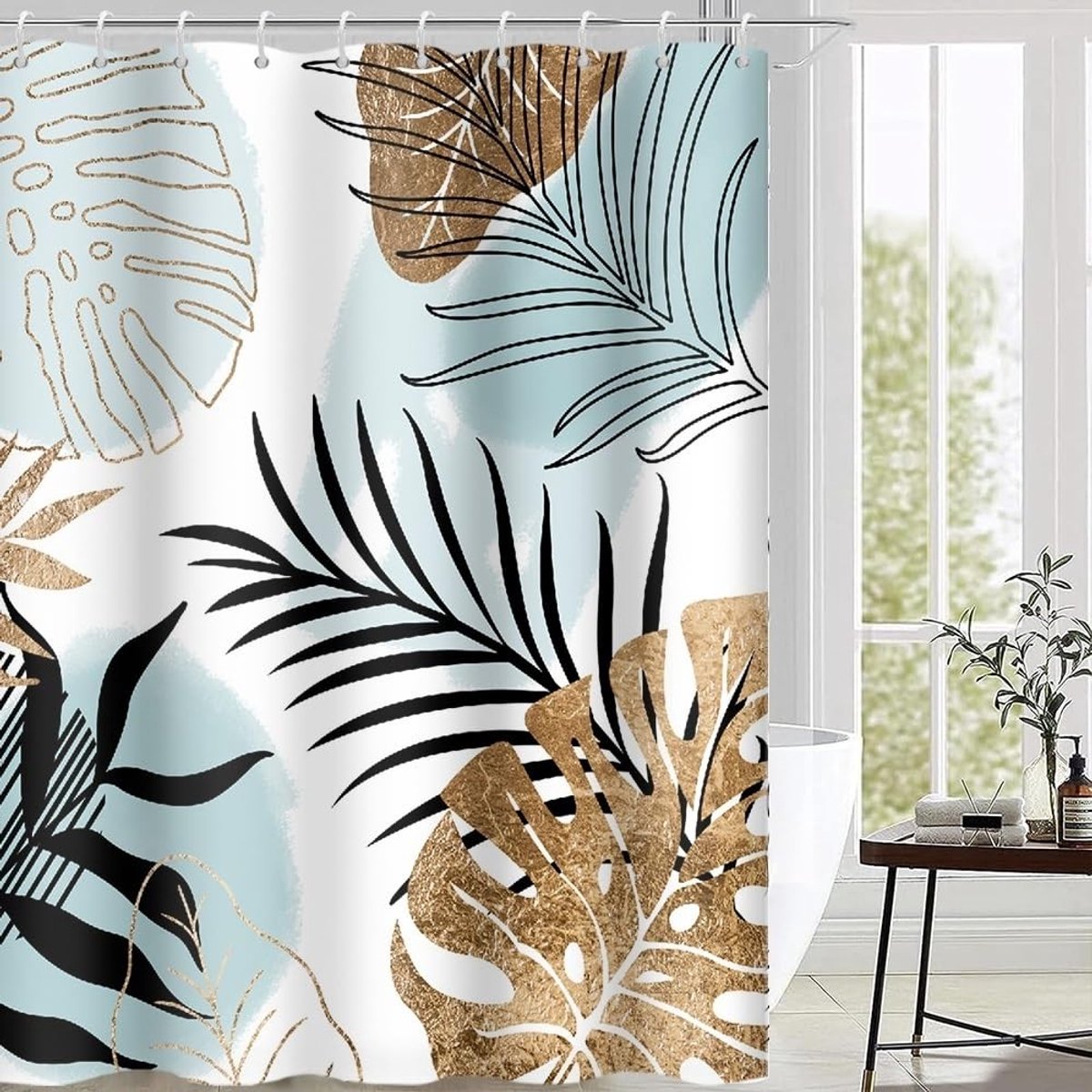 Omgoods - Douchegordijn 180 x 180 cm Hemelsblauw met Palmbladeren
