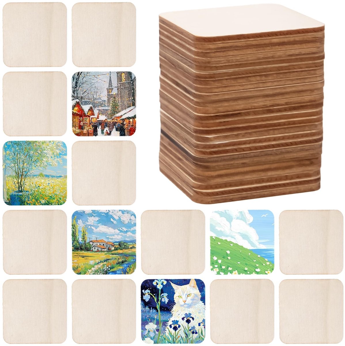 Omgoods - Set van 150 Natuurlijke Houten Vierkante Tegels voor Creatief Verven