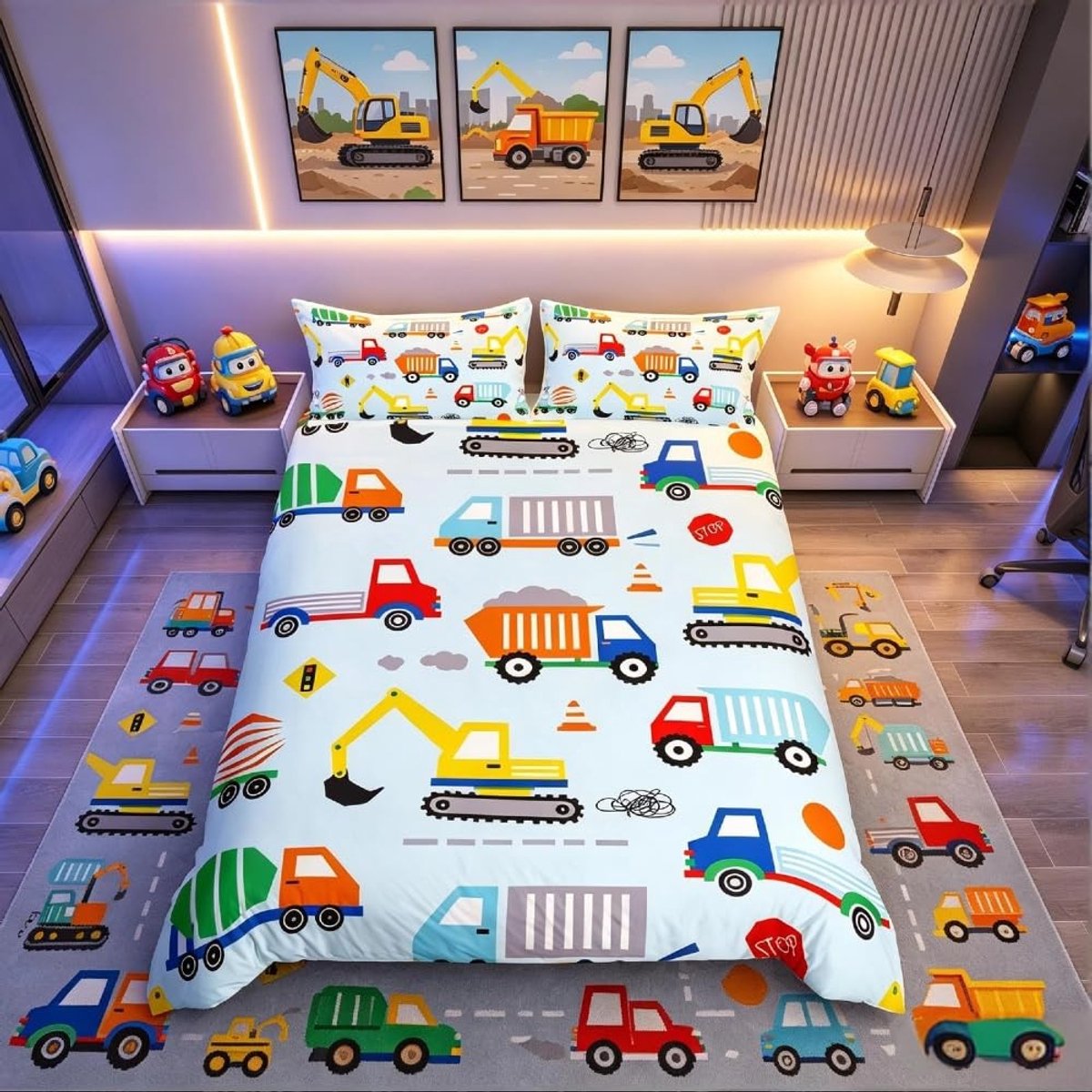 Omgoods - Cartoon Constructie Dekbedovertrek Set voor Kinderen - Dubbel
