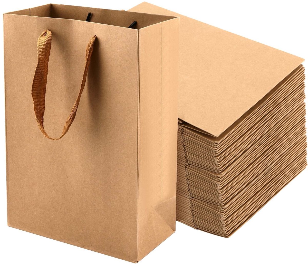Omgoods- Kraftpapieren Zakken 30 Stuks - 28 x 20 x 10 cm - Bruine Papieren Draagtas - Brede Handgrepen - Duurzaam Kraftpapier - Geschikt voor Feest en Verjaardag - Papieren Tas