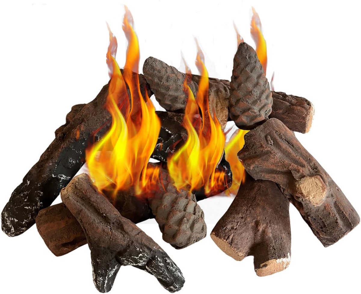 Omgoods- Houtset 10-delig - Decoratie Hout - Houtimitaties - Hittebestendig - Bio-ethanol/Gashaard - Authentieke Haardhout-look - Decoratiehout