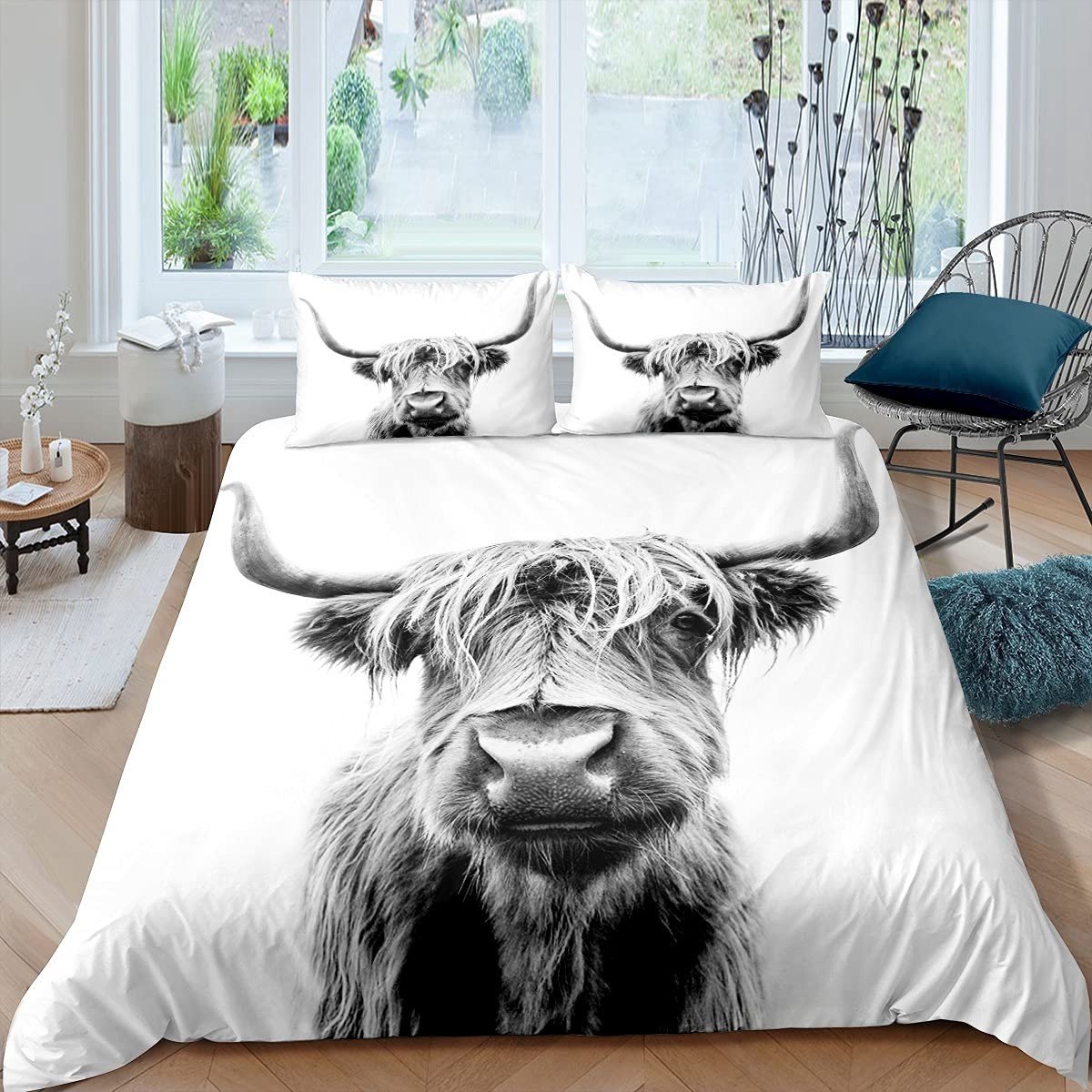 Omgoods - Highland Cow Duvet Cover for Kids - Farm Themed Bedding Set