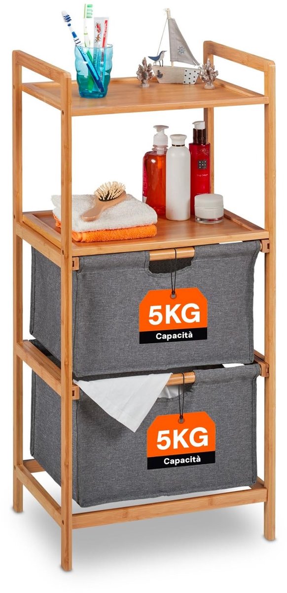 Omgoods - Bamboo Wasmand met 2 Fabric Baskets en 2 Planken
