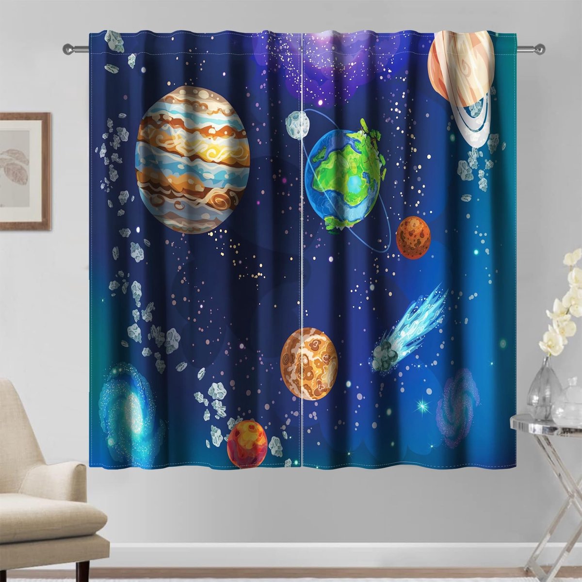 Omgoods - Planeten Gordijnen Set van 2 - 140x229 cm voor Kinderen