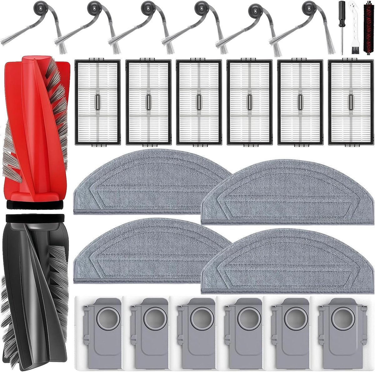 27 stuks accessoires voor Roborock Saros 20 Sonic robotstofzuiger, 2 hoofdborstel, 6 stofzakken, 6 filters, 4 dweilpads, 6 zijborstels, 1 onderhoudsborstel, 1 reinigingsborstel, 1 schroevendraaier