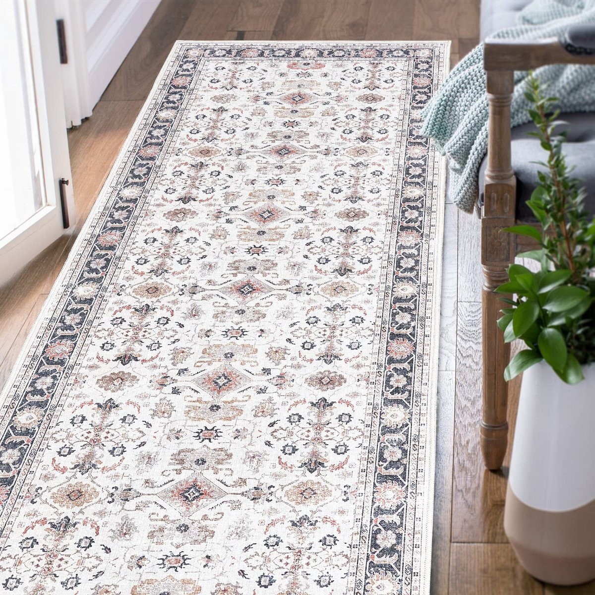 Omgoods - Vintage Bloem Tapijt 60x180 cm Bruin Antislip Wasbaar voor Binnen