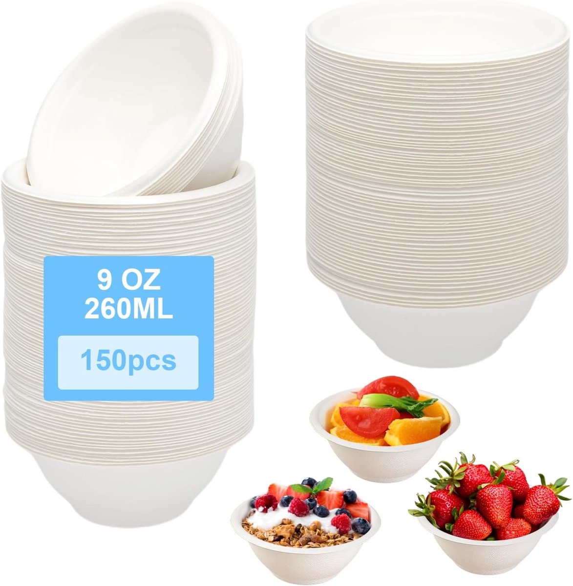 150 stuks kartonnen schalen Wegwerp soepkommen van suikerriet Wegwerpservies Schalen Eenmalige wegwerpsoepbeker Bio soepkom 260ML Wit Rond Composteerbaar (150)