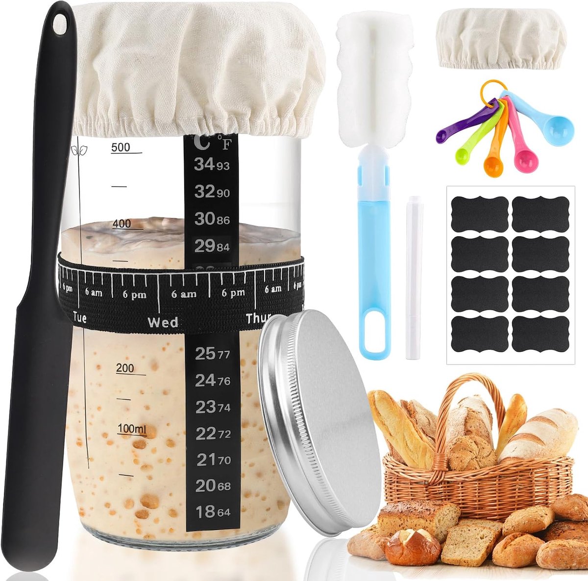 6 stuks, fermentatiemand voor brood, 730 ml, inmaakpot voor moederdeeg, fermentatiecontainer met hoes, deegschraper en borstel
