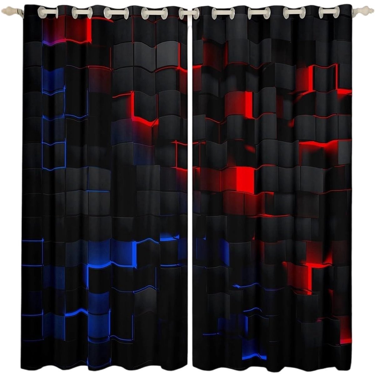 Omgoods - Geometrische Gordijnen Zwart en Blauw - Neon Abstracte Ruiten Gordijnen